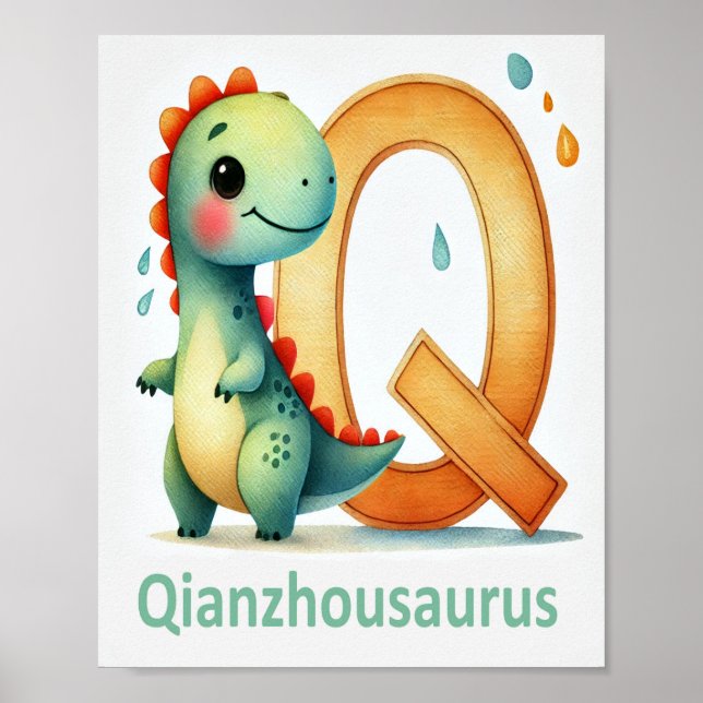 Brev Q, Dinosaur Alphabet Watercolor Poster (Framsidan)