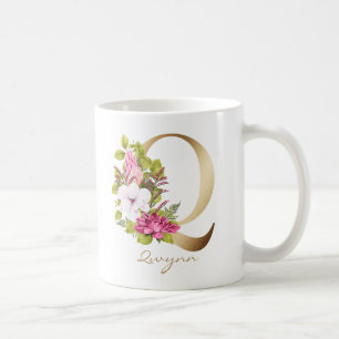 Brev Q Guld Monogram Rosa White Magenta Blommigt Kaffemugg