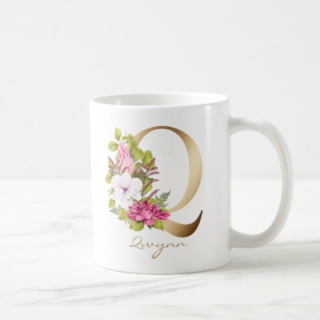 Brev Q Guld Monogram Rosa White Magenta Blommigt Kaffemugg (Höger)