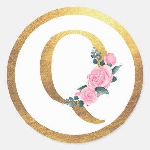 Brev Q Monogram Rosa ros Blommigt och Elegant Guld Runt Klistermärke