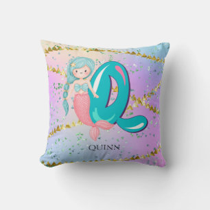 Brev Q Monogram Watercolor Cute Sjöjungfru Nursery Kudde