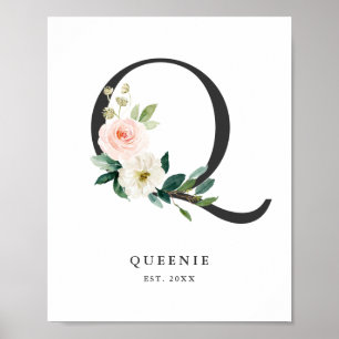 Brev Q Monogram Watercolor Peach Blommigts Nursery Poster