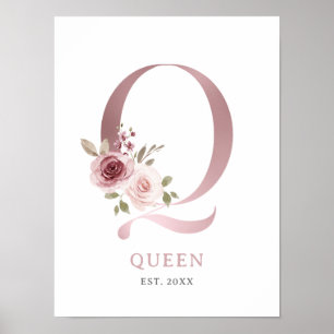 Brev Q Monogram Watercolor Ro Blommigt Nursery Poster