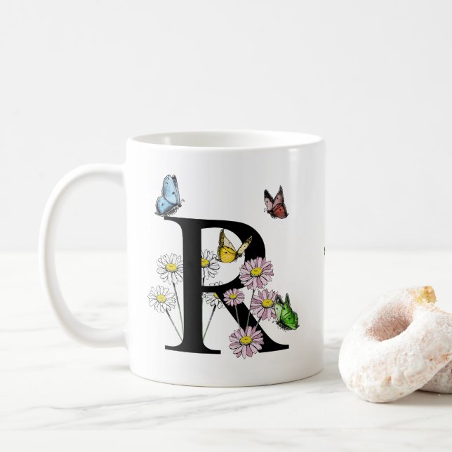 Brev R Blommigt Butterfly Monogram Initial Kaffemugg (Med munk)