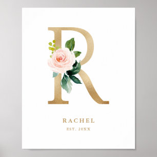 Brev R  Blommigt Monogram Guld Foil Nursery Poster