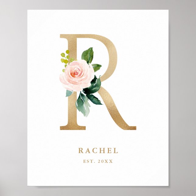 Brev R  Blommigt Monogram Guld Foil Nursery Poster (Framsidan)