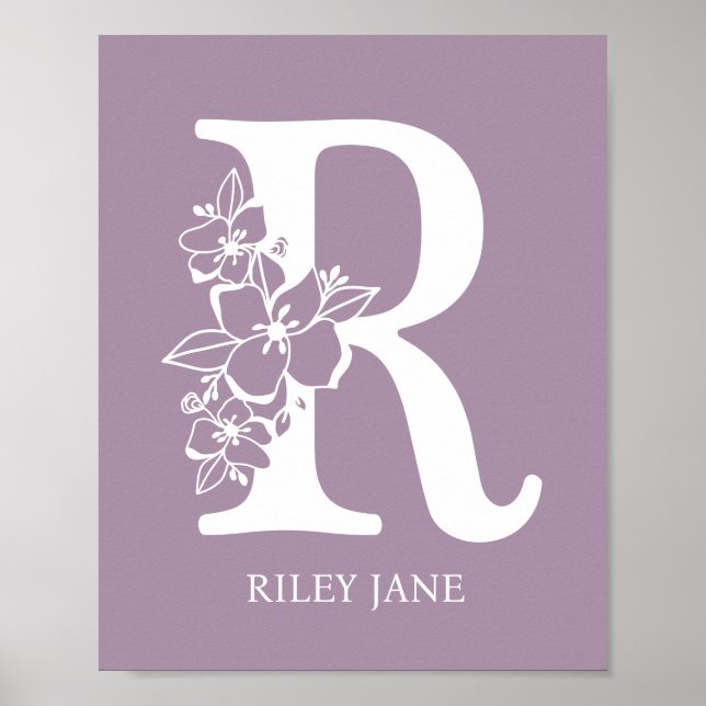 Brev R Blommigt Monogram Namn Nursery Modern Poster (Framsidan)