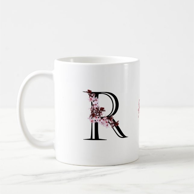 Brev R, Cherry Blommar | Monogram Script Namn Kaffemugg (Vänster)