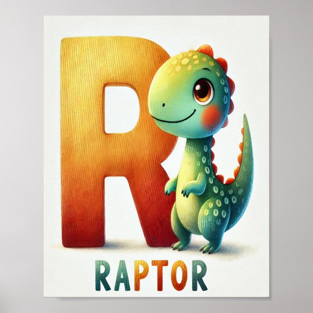 Brev R, Dinosaur Alphabet Watercolor Poster (Framsidan)