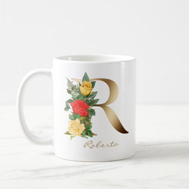 Brev R Guld Monogram Gult Röd ros Blommigt Kaffemugg (Vänster)