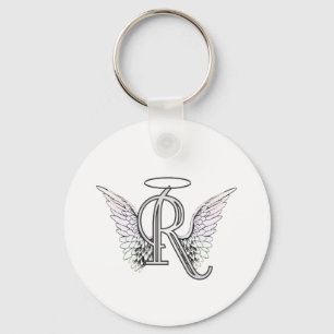 Brev R Initial Monogram med Angel Vingar & Halo Nyckelring