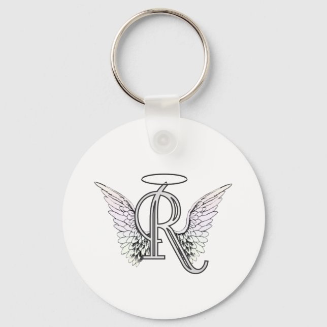 Brev R Initial Monogram med Angel Vingar & Halo Nyckelring (Framsida)