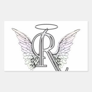 Brev R Initial Monogram med Angel Vingar & Halo Rektangulärt Klistermärke