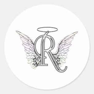 Brev R Initial Monogram med Angel Vingar & Halo Runt Klistermärke