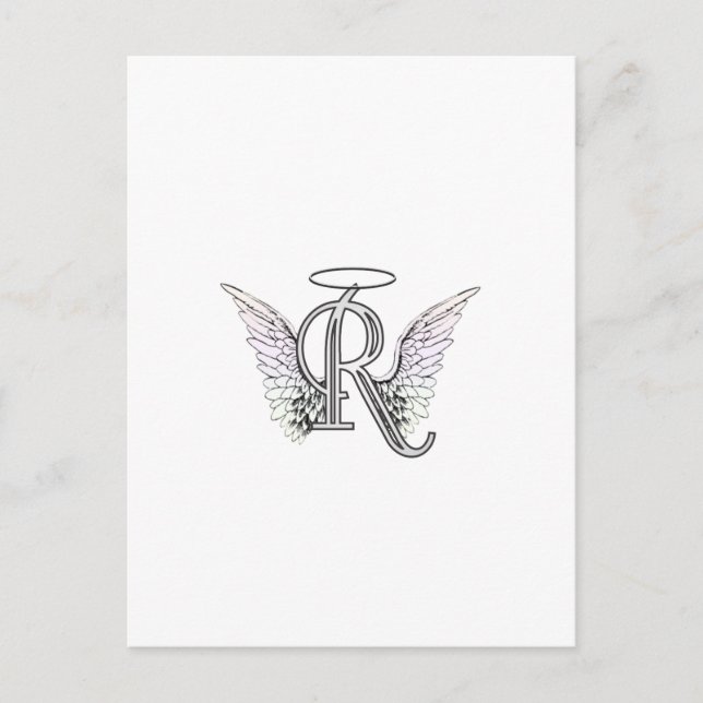 Brev R Initial Monogram med Angel Vingar & Halo Vykort (Framsida)