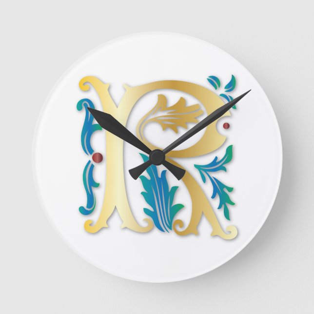 Brev R Monogram Fleur de lis Rund Klocka (Framsida)