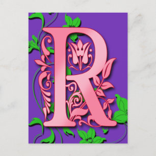 Brev R Monogram Initial on Rosa Lila Cards Vykort