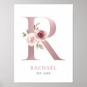 Brev R Monogram Watercolor Ro Blommigt Nursery Poster
