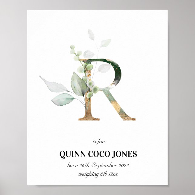 Brev R Nyfödd bebis Monogram Birth Print Greenery Poster (Framsidan)