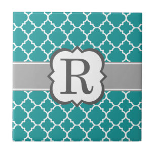 Brev R Quatrefoil för krickablåttMonogram Kakelplatta