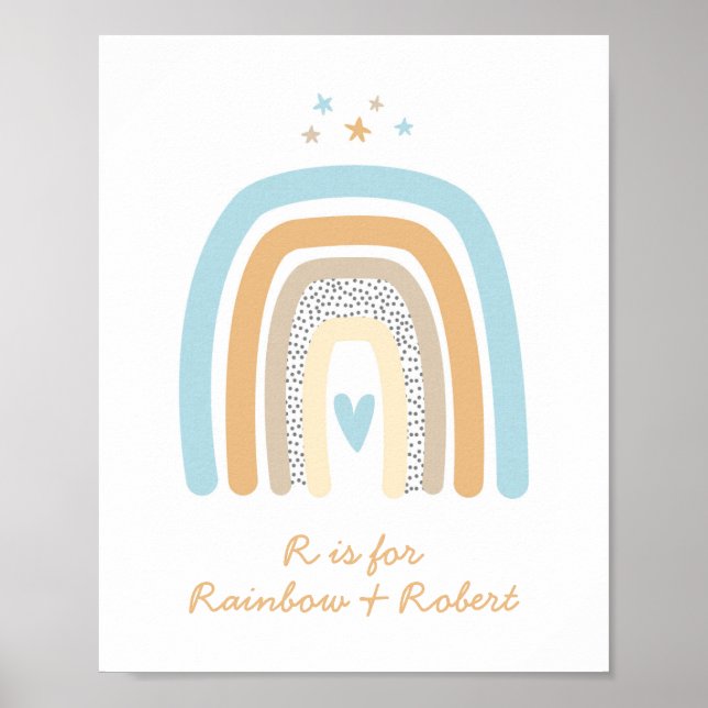 Brev R Rainbow Monogram Namn Blue Nursery Wall Poster (Framsidan)