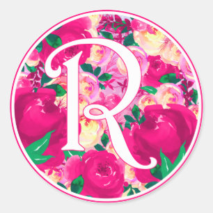 Brev R Rosa Watercolor Blommigt Circle Monogram Runt Klistermärke