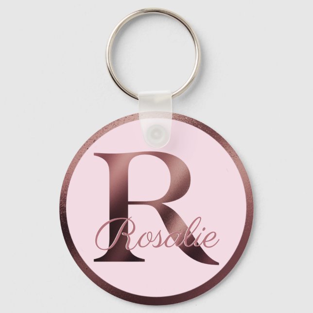 Brev R Snyggt Rosa Metallic Ro Guld Monogram Nyckelring (Framsida)