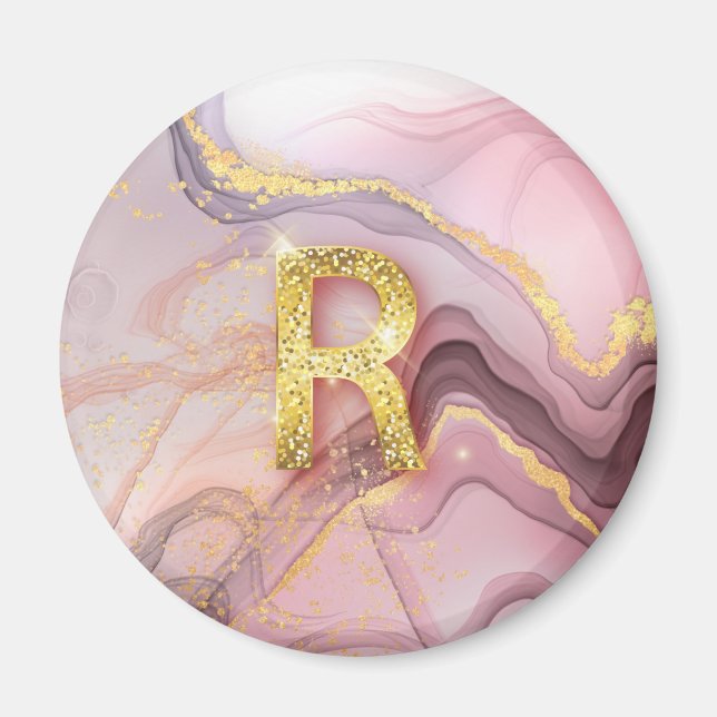 Brev R Söt Girly RoseGold Glitter Rosa Marble Magnet (Framsidan)