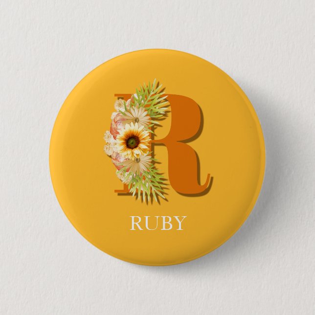 Brev R Sunflower Blommig Monogram med Namn Knapp (Framsida)