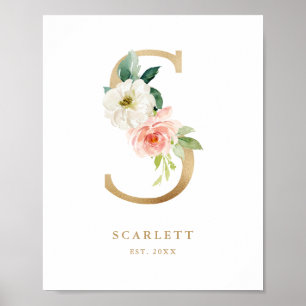 Brev S  Blommigt Monogram guldfoil Nursery Poster