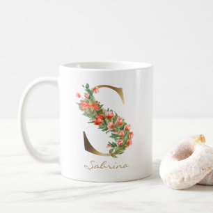 Brev S Guld Monogram Orange Blommigtar Kaffemugg
