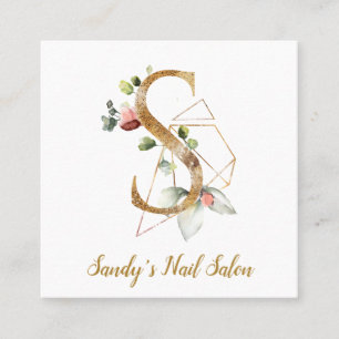 Brev S med guld- geometrisk design och blommor Fyrkantigt Visitkort