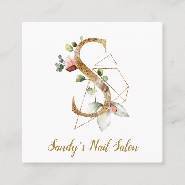 Brev S med guld- geometrisk design och blommor Fyrkantigt Visitkort (Framsida)