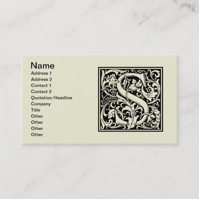 Brev S Medieval Monogram Art nouveau Visitkort (Framsida)