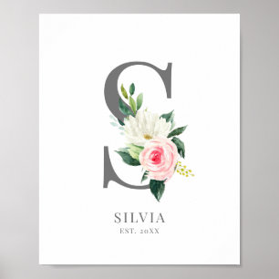 Brev S Monogram Blommigtar för vattenfärg Poster