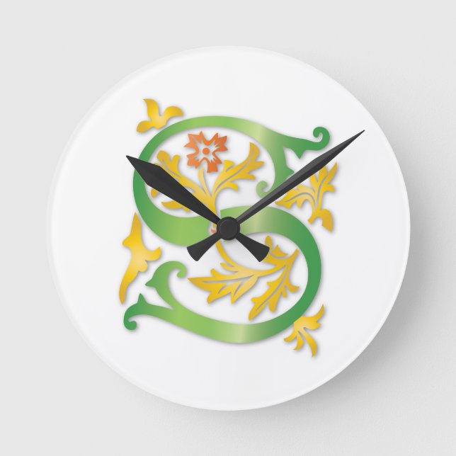 Brev S Monogram Fleur de lis Rund Klocka (Framsida)