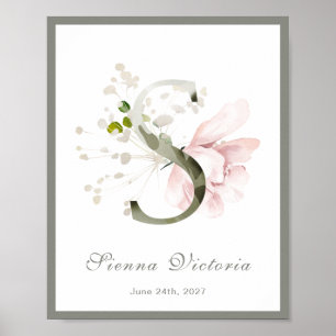 Brev S Monogram Rosa Blommigt Nursery Poster