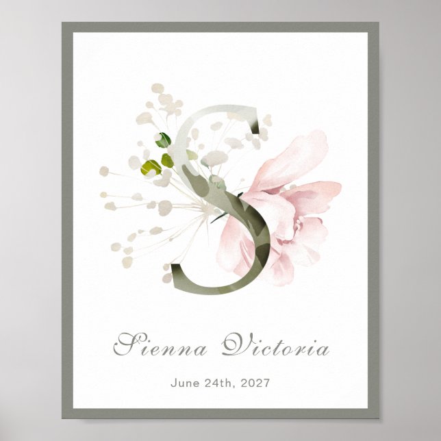 Brev S Monogram Rosa Blommigt Nursery Poster (Framsidan)
