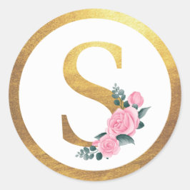 Brev S Monogram Rosa ros Blommigt och Elegant Guld Runt Klistermärke