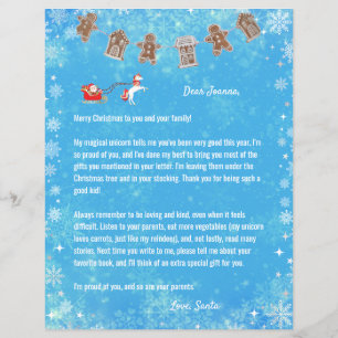 Brev Santa Unicorn Snöflingor Reindeer Blue Julaft