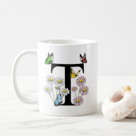 Brev T Blommigt Butterfly Monogram Initial Kaffemugg