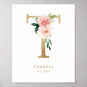 Brev T  Blommigt Monogram Guld Foil Nursery Poster