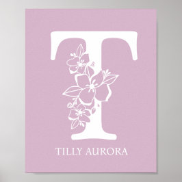 Brev T Blommigt Monogram Namn Nursery Modern Poster