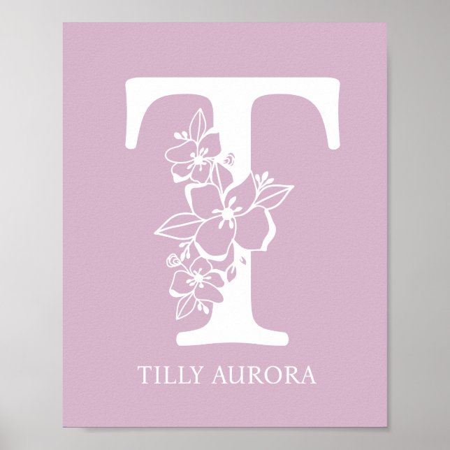 Brev T Blommigt Monogram Namn Nursery Modern Poster (Framsidan)
