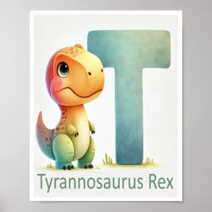 Brev T, Dinosaur Alphabet Watercolor Poster
