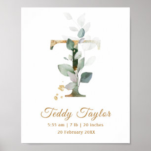 Brev T grönt & guld blad Baby Birth Poster
