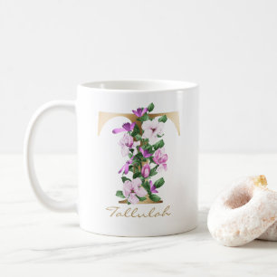 Brev T Guld Monogram White Magenta Lila Blommigt  Kaffemugg
