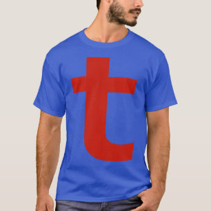 Brev t i röd text, minimal typografi shirt