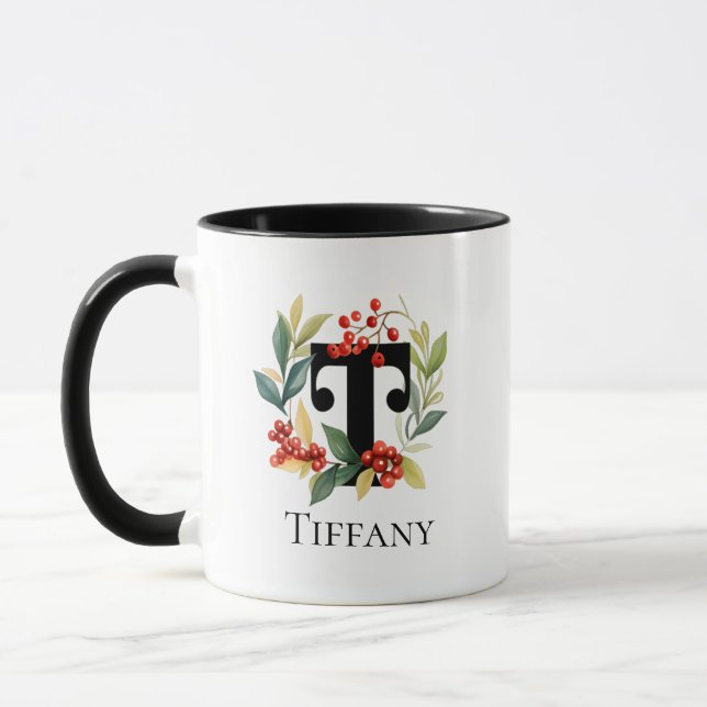 Brev T Monogram Initial jul - berryskran Mugg (Vänster)