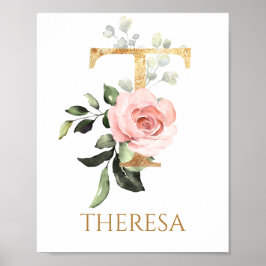 Brev T Monogram rosa ros Nursery Poster